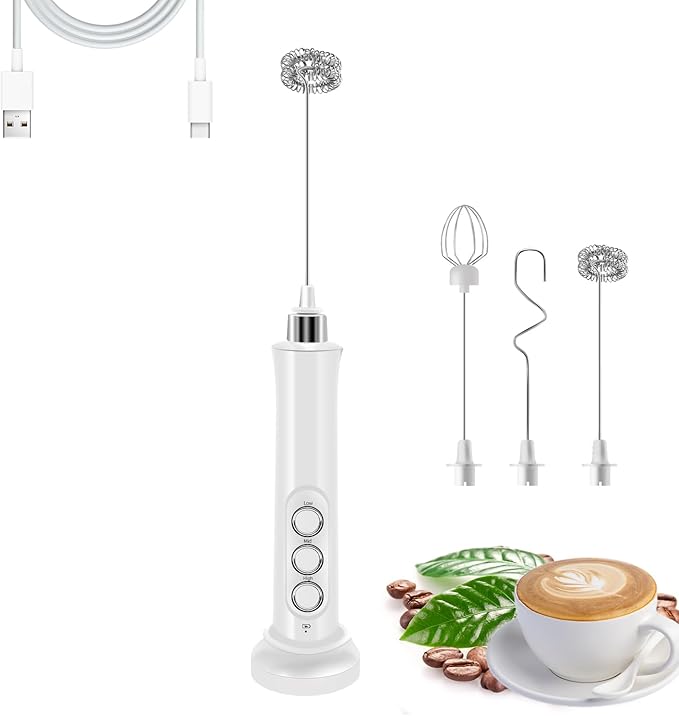 Rechargeable Milk Frother Handheld with 3 Detachable Stainless Steel Whisks, 3 Speed Adjustable Electric Whisk Foam Maker, Handheld Drink Mixer, Frother Wand for Coffee, with Storage and Charging Base