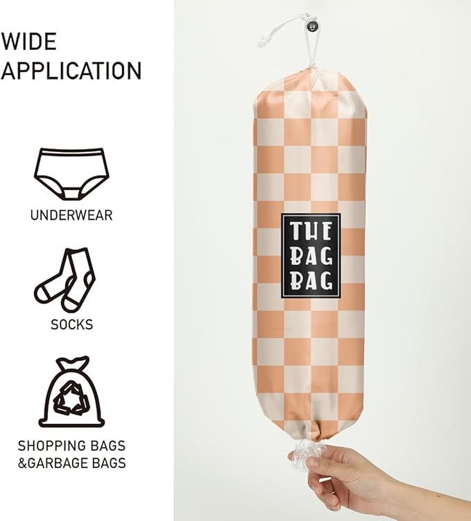 Plastic Bag Holder,Reusable And Washable Grocery Bag organizer,for Home Kitchen Travelling Camping Decor, use 1 Pack, Orange And White Checkerboard Pattern