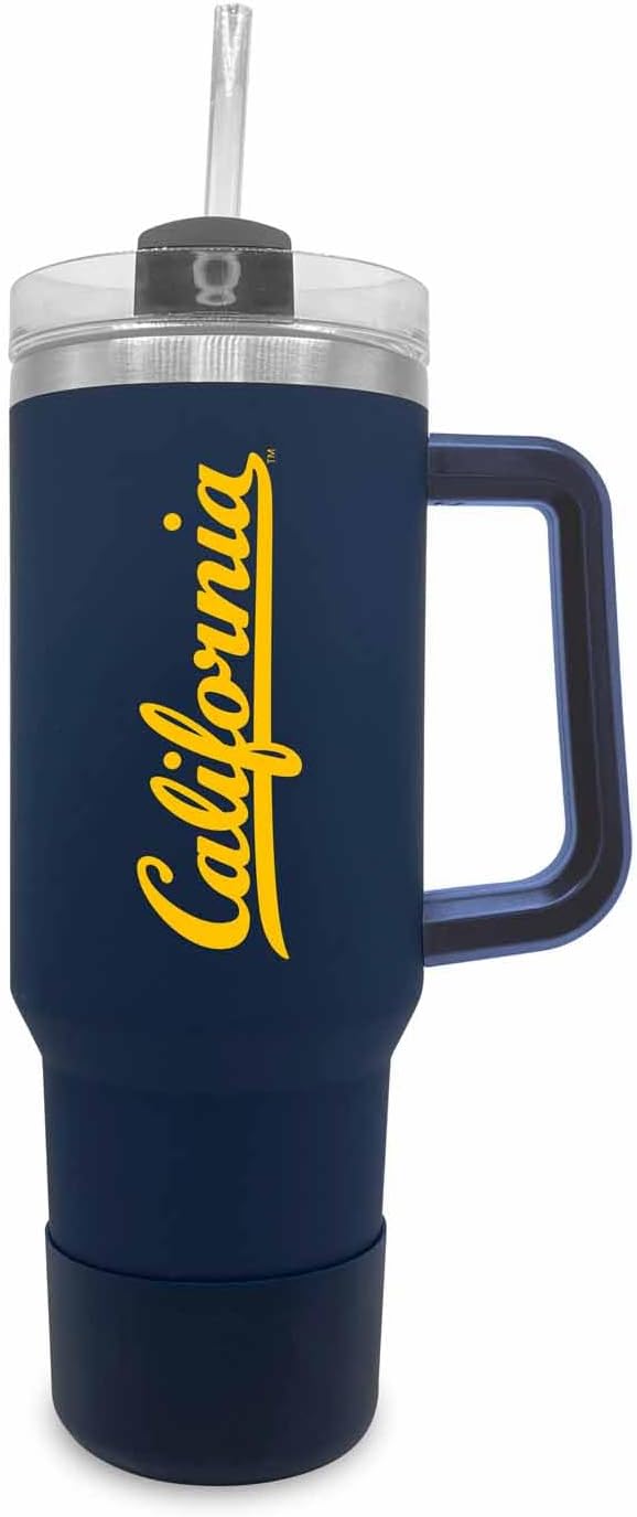 Campus Colors College & University 40 oz Travel Tumbler With Handle - Dual Option Lid With Straw - Vacuum Insulated Stainless Steel (Cal Golden Bears - Navy)