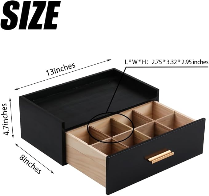 Tea Organizers and Storage Box Tea Station organizer for Countertop with 4 Cotton Woven Coasters Pine Wood Tea Bag Organizer Drawer Teabag Holder with 8 Compartments Wooden Sugar Packet Holder（Black）