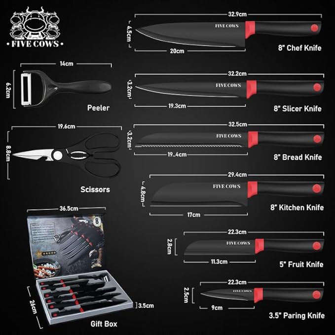 8-Piece Chef Knife Set - Ultra Sharp Premium German High Carbon Stainless Steel, Razor-Sharp & Durable, Lightweight Anti-Slip Handle, Professional Kitchen Knives with Gift Box (Red 8 Piece)