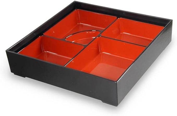 JapanBargain 4591, Red and Black Japanese Traditional Plastic Lacquered Lunch Bento Box 5 Compartments for Restaurant or Home Tray and Plate 2pc Set, Made in Japan, 9.5", Pack of 2
