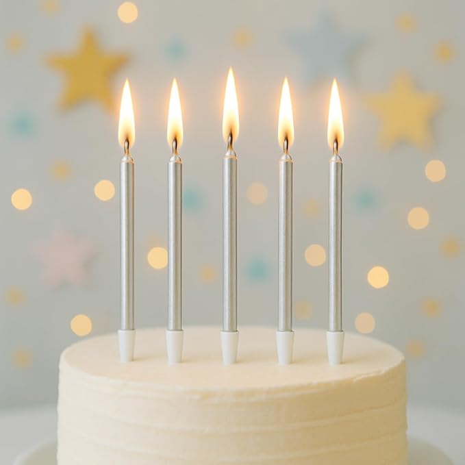 by Tugba Aydan - Silver Birthday Candles - 24 Count Long Thin Silver Birthday Candles for Cake, Metallic Cake Candle for Birthday, Party Candles