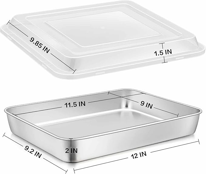 E-far Stainless Steel Baking Pan with Lid, 12⅓ x 9¾ x 2 Inch Rectangle Sheet Cake Pans with Covers Bakeware for Cakes Brownies Casseroles, Non-toxic & Healthy, Heavy Duty & Dishwasher Safe