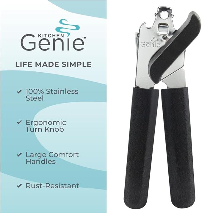 Kitchen Genie Slip Resistant Stainless Steel Manual Can Opener, Sharp Blade for Smooth Edge Cuts, Easily Open Cans, Ergonomic Handles with Easy to Turn Knob, Built-In Bottle Openers, Pitch Black