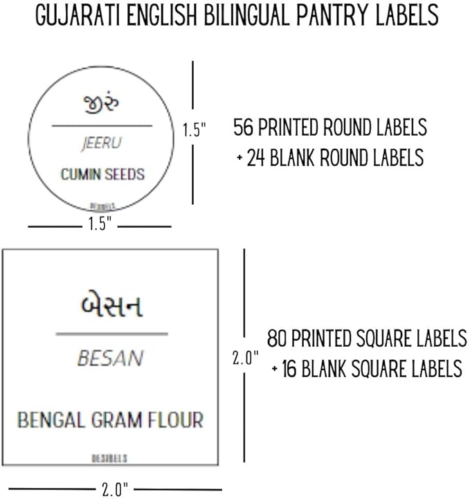 136 Printed Indian Gujarati Bilingual Plus 40 Blank Kitchen Pantry Labels, Minimalist, Waterproof, Dishwasher-Safe, Easy to Remove and Re-Stick