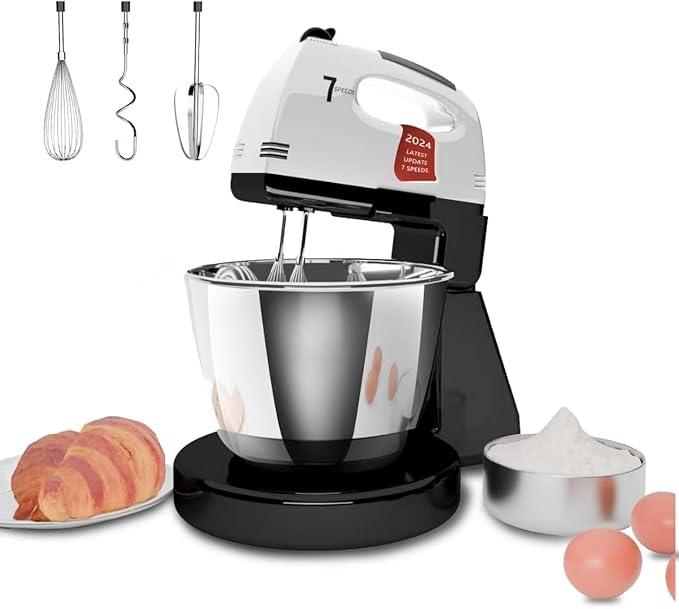 Stand Mixers, 7 Speeds With 3QT Stainless Steel Bowl, Stand and Hand Mixer with Dough Hook, Whisk, Mixing Beater for Baking, Cake, Cookie, Kneading (BU2)