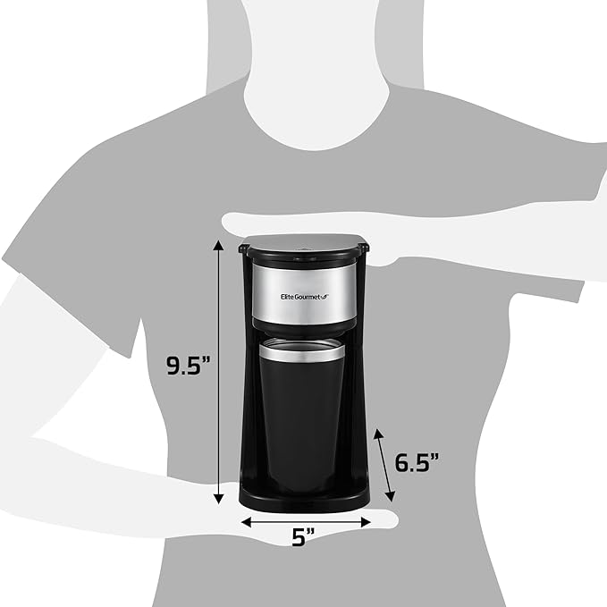 Elite Gourmet EHC-112B Personal Single-Serve Compact Coffee Maker Brewer Includes 14Oz. Thermal Travel Mug with Stainless Steel Interior, Compatible with Coffee Grounds, Reusable Filter, Black