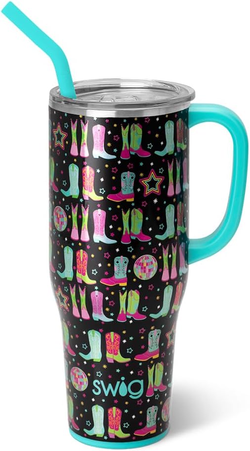 Swig Life 40oz Mega Mug, 40 oz Tumbler with Handle and Straw, Cup Holder Friendly, Dishwasher Safe, Extra Large Insulated Tumbler, Stainless Steel (Disco Cowgirl)