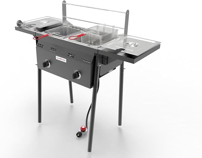 GasOne B-5850A Outdoor Propane Deep Fryer - Double Burners, 16 Qt Removable Baskets & Lids, Oil Fryer Cart with Thermometer & Regulator - Perfect for Outdoor Cooking