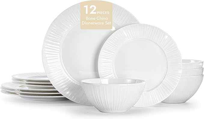 KINGSTONE Bone China Dinnerware Set, 12-Piece White Lightweight Porcelain with Textured Design Service for 4, Plates, Bowls, for Family Dining, Restaurants, Gifting, Microwave and Dishwasher Safe