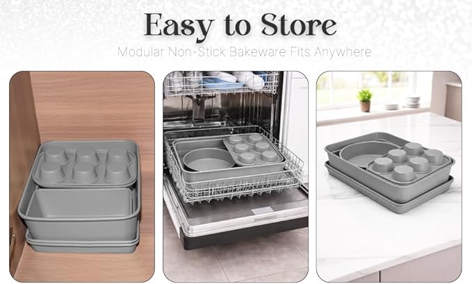 Nonstick Bakeware Set 8 Piece - Stackable Baking Pan Set, Oven safe 450°F, Carbon Steel Baking Set with Muffin, Loaf, Cookie Sheets & Roaster, Easy Storage, BPA-Free (Gray)