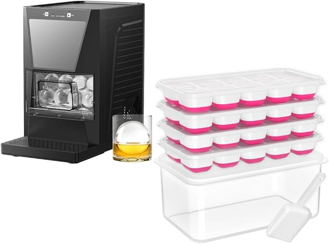 IC9CM Ice Cube Trays with Bin 4 Pack + IM1 2.2-Inch Clear Ice Ball Machine