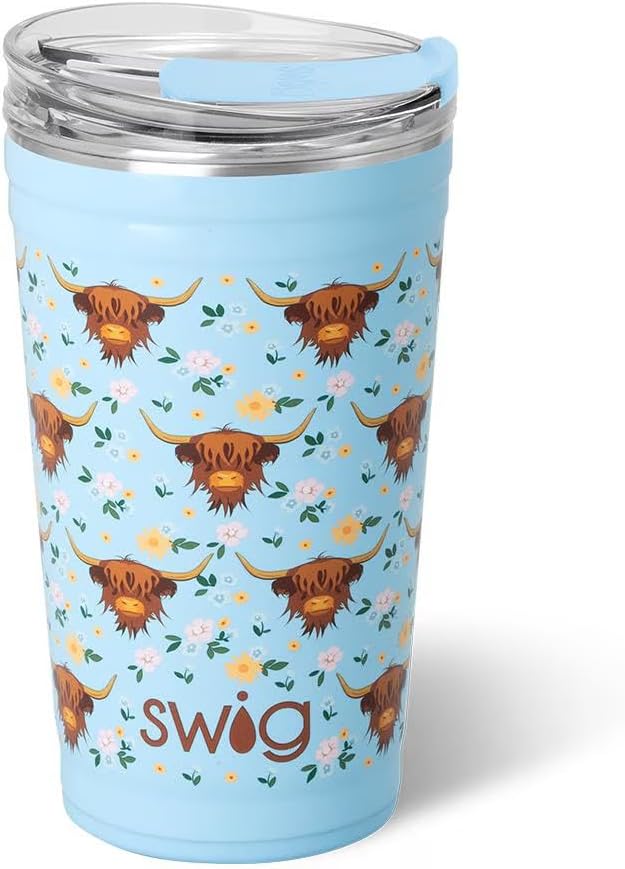 Swig Life 24oz Party Cup, Stackable Insulated Travel Coffee Tumbler with EZ Slider Lid, Cup Holder Friendly, Stainless Steel 24 oz Tumbler, Reusable Coffee Mug (Holy Cow)