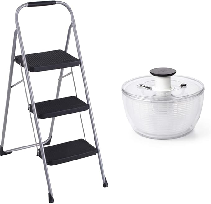 Cosco 11408PBL1E Three Big Folding Step Stool with Rubber Hand Grip, Platinum and OXO Good Grips Large Salad Spinner