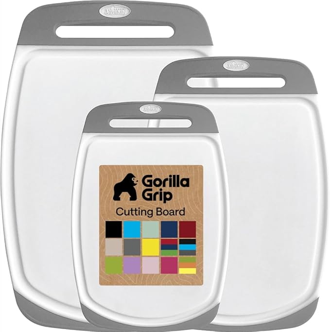 GORILLA GRIP BPA-Free Reversible Kitchen Cutting Board Set of 3, US Designed, Nonporous, Juice Grooves Catch Liquid, Slip Resistant Border, Dishwasher Safe, Durable Large Food Chopping Boards, Gray