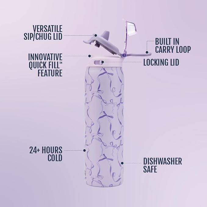 Ello Pop & Fill 22oz Stainless Steel Water Bottle with QuickFill Technology, Double Walled and Vacuum Insulated Metal, Leak Proof Locking Lid, Straw and Chug, Reusable, BPA Free, Take a Bow