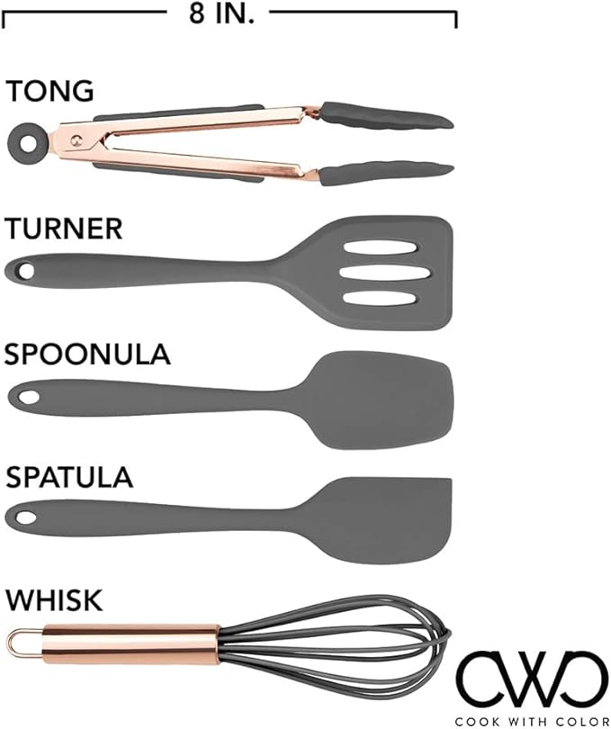 COOK WITH COLOR Silicone Cooking Utensils, Kitchen Utensil Set, Easy to Clean Silicone Kitchen Utensils, Cooking Utensils for Nonstick Cookware, Kitchen Gadgets Set, Mini, Gray