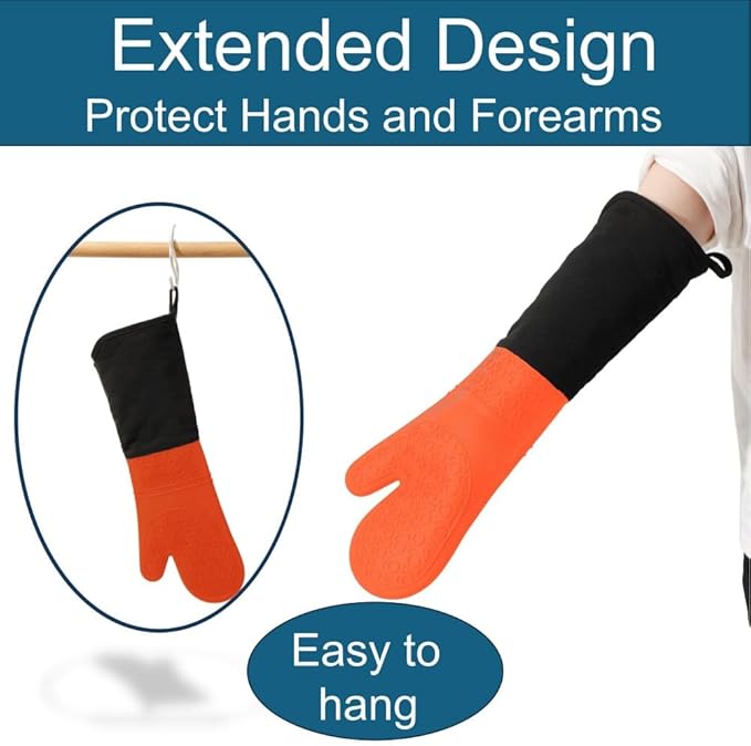 Extra Long High Temp Oven Mitts - 2pcs Commercial, Heavy Duty Non-Slip Grip Mitts - Silicone Heat Resistant Up to 500 Degrees, Ideal for Cooking, Baking & Frying, Orange