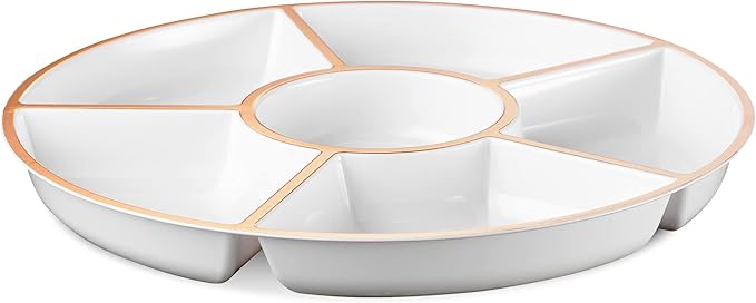 Plasticpro 6 Sectional Round Plastic Serving Tray/Platter (4, White & Rose Gold)