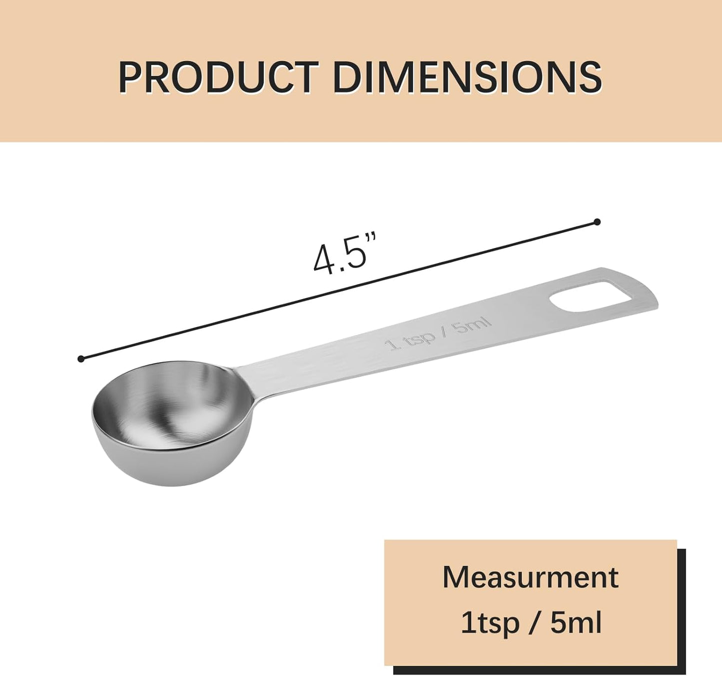 5PCS 1tsp (1/3tbsp, 5ml) Single Measuring Spoon, Stainless Steel Individual Teaspoons Only