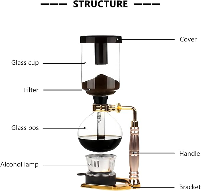 Stovetop Siphon Coffee Maker, Manual Vacuum Coffee Maker 3-Cup (360ml) with Alcohol Burner, Adjustable Buffer Clamp, Stainless Steel Bracket Base for Coffee Aficionados