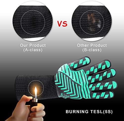 J H Heat Resistant Oven Glove:EN407 Certified 932 °F, 2 Layers Silicone Coating, Oven Mitts for Cooking, Kitchen, Fireplace,Camping, Grilling (Black/Green, Extra Long Cuff)