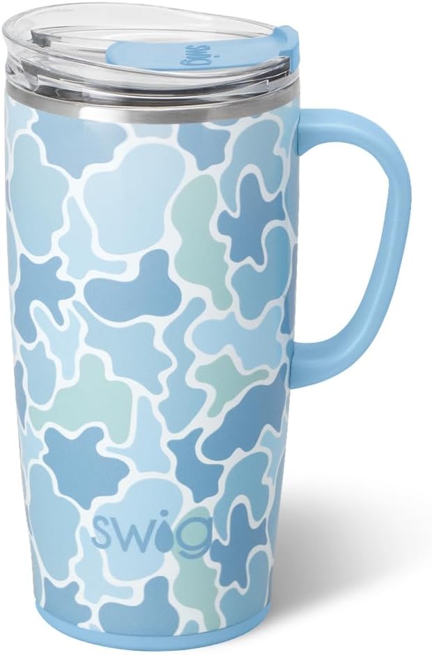 Swig Life 22oz Travel Mug, Insulated Tumbler with Handle and Lid, Travel Coffee Mug, Cup Holder Friendly, Stainless Steel 22 oz Tumbler, Reusable Insulated with Lid (Saltwater Camo)