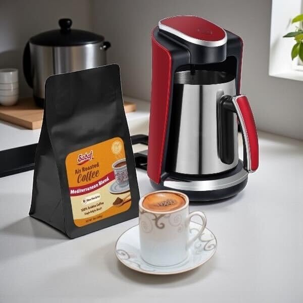 Sadaf One-Touch Mediterranean Coffee Maker – Electric Turkish, Greek, and Armenian Coffee Machine - Stainless Steel Coffee Maker - Foam Control & Overflow Sensor - Middle Eastern Cuisine - 250ml, Red