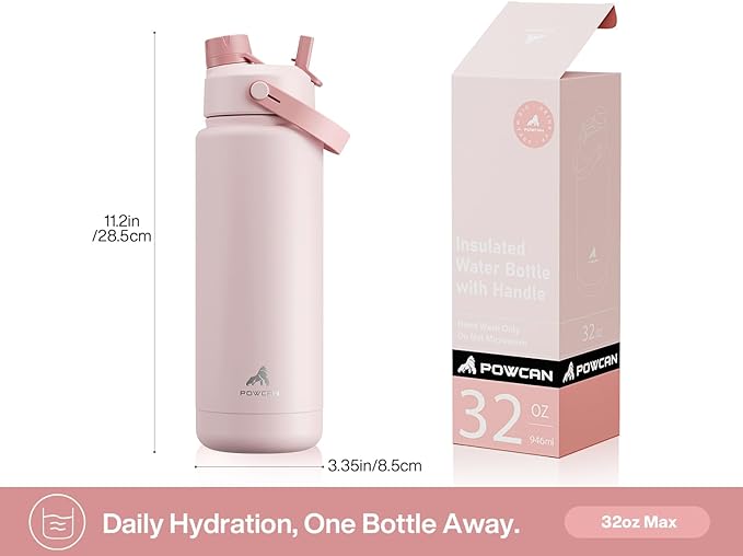 POWCAN 32 oz Insulated Water Bottle with 2-in-1 Straw and Spout Lid, Keep Cold 24H, Leak-Proof, BPA-Free, Double Wall Stainless Steel Water Bottle for Sports, Gym, Travel, Gift, Home (Rosy Bouquet)