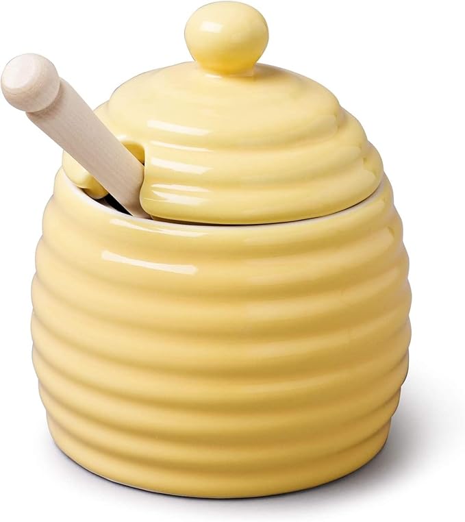 WM Bartleet & Sons 1750 Traditional Porcelain Honey Pot with Beech Wood Dipper 11cm – Yellow