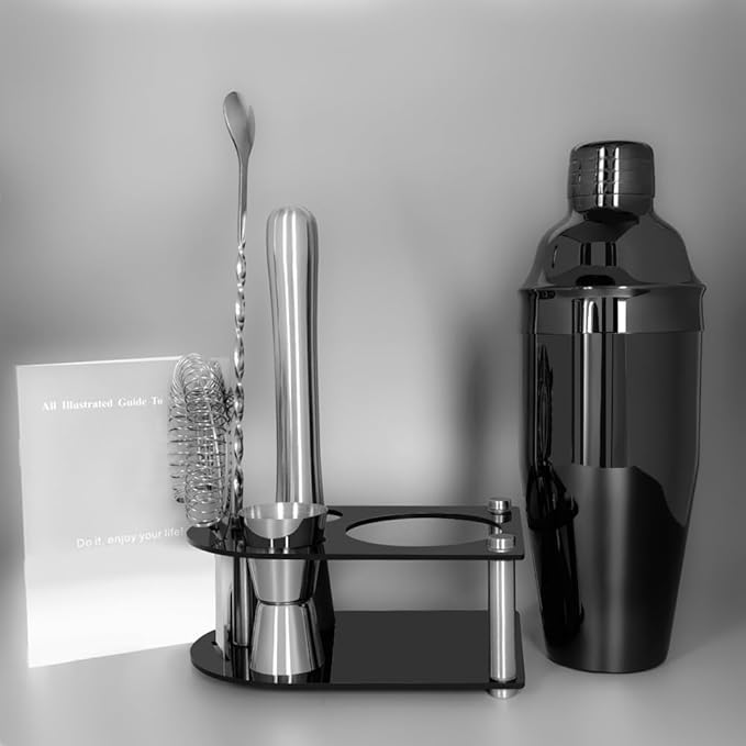 Cocktail Shaker Bartender Kit: 5 Piece Bar Tool Set, Cocktail Shaker Set with Stand, Drink Mixing Includes Martini Shaker,Strainer,Jigger,Bar Mixer Spoon,Muddler ﻿ (Black, 750ml(25oz))
