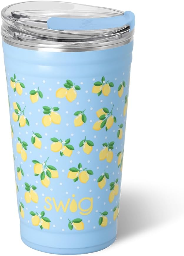 Swig Life 24oz Party Cup, Stackable Insulated Travel Coffee Tumbler with EZ Slider Lid, Cup Holder Friendly Travel, Stainless Steel 24 oz Tumbler, Reusable Mug (Lemon Meringue)