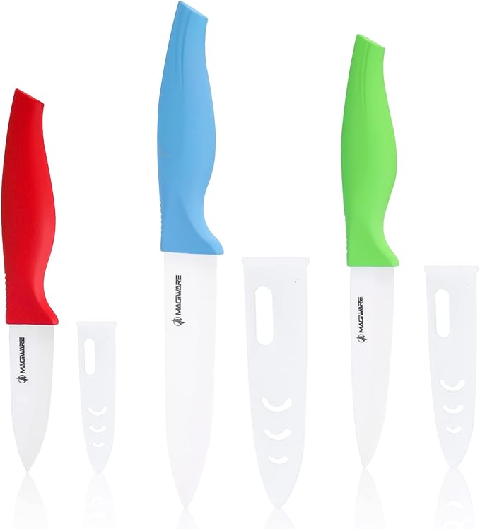 6-Piece Ceramic Paring Knife Set with Sheaths - Sharp and Healthy (5in Utility, 4in Fruit, 3in Paring Knife) - Red