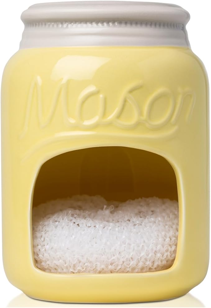Comfify Ceramic Sponge Holder – Yellow Mason Jar Sink Caddy – Farmhouse Kitchen Accessory with Free Sponge