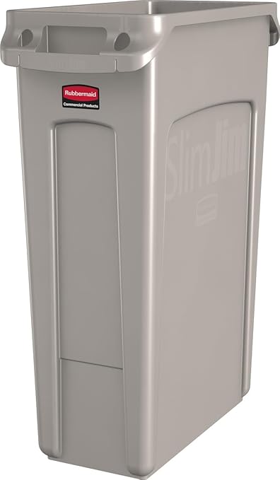 Rubbermaid Commercial Products Slim Jim Plastic Rectangular Trash/Garbage Can/Bin with Venting Channels, 23 GAL, Beige, for Kitchens/Classrooms/Offices/Back of House