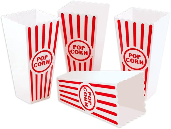 Novelty Place Plastic Red White Striped Classic Popcorn Containers for Movie Night - 7.8 inch Tall x 3.8 inch Square (4 Pack)