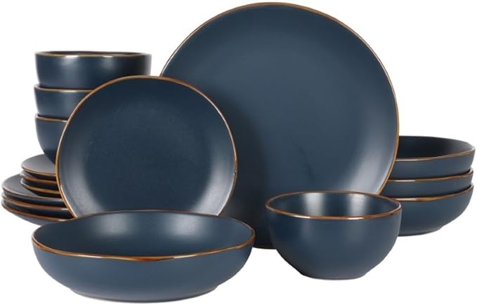 Gibson Home Hazeltine 16-Piece Navy Blue Stoneware Dinnerware Set – Plates and Bowls, Durable Ceramic Kitchen Dinner Set