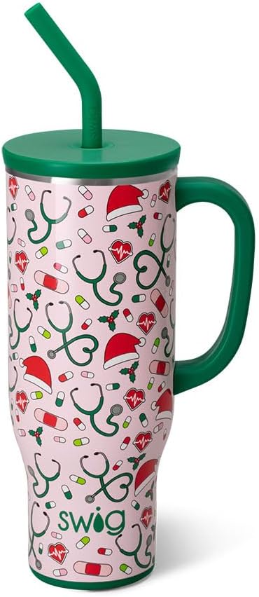 Swig Life 30oz Mega Mug, 30oz Tumbler with Handle and Straw, Large Insulated Tumblers, Cup Holder Friendly Travel Mug, Stainless Steel 30 oz Tumbler, Reusable Insulated Water Bottle (Santa's Scrubs)