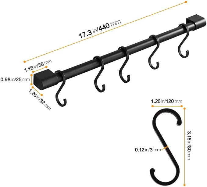 MIAOHUI Kitchen Rail with Hooks, Pan and Pot Hangers for Kitchen Wall Mount, Kitchen Utensil Rack with Removable S Hook, Aluminum (17.3inch_Black_5Hooks)