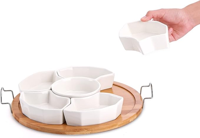 ZENFUN Chip and Dip Serving Set, 11'' Divided Serving Platters Tray for Party, 6-Compartment Removable Appetizer Snack Dishes, Round Sectional Serving Platter for Fruits, Condiment