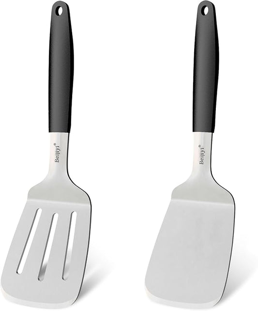 Beijiyi Stainless Steel Spatulas Set, Solid and Slotted Metal Turner Spatula for Cooking Cast Iron Skillet, Kitchen and Griddle Spatula with Full Tang Silicone Handle for Smash Burger, Pancake, Egg