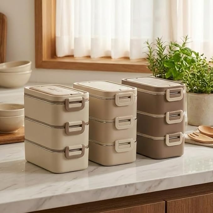 Bento Box Adult Lunch Box, Stackable 3-Layer 304 Stainless Steel for Adults, Office, 3L Capacity, Portable, Soup Bowl, Spoon & Fork, Metal Lunch Box, Tiffin (Brown)