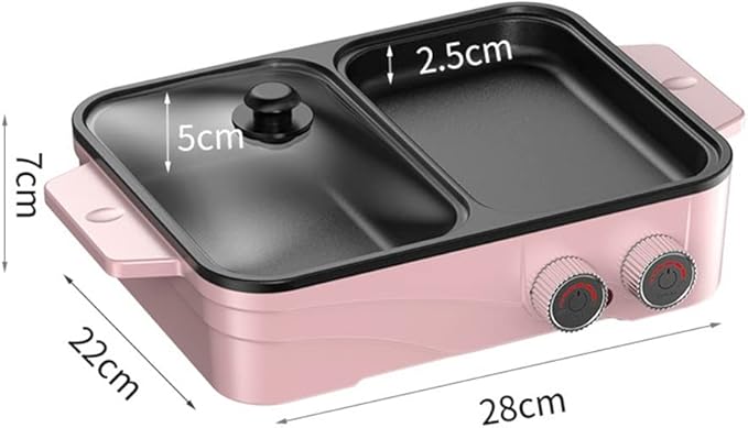 Electric Grill Indoor Hot Pot with Glass Lid & Removable Non-Stick Grill Plate,Separate Dual Temperature Contral, for 2-8 People Family Gathering Friend Meeting Party (pink)