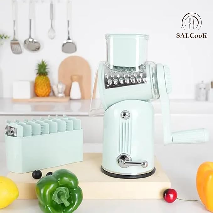 5-in-1 Manual Rotary Cheese Grater with Handle – Stainless Steel Blades for Slicing, Shredding, Grinding & Wavy Cuts – Strong Suction Base, Blade Storage Box – Green
