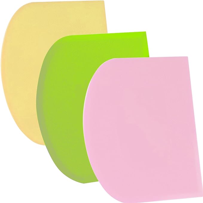 SURDOCA Dough Scraper Bench Scraper - 3P 10.6x6.7" Plastic Flexible Bowl Scraper, Sharp Edge & Angles Cake Scraper. Non-Slip Bakeware Decorating Tools Sculpting & Modeling Tools - Green+Pink+Yellow