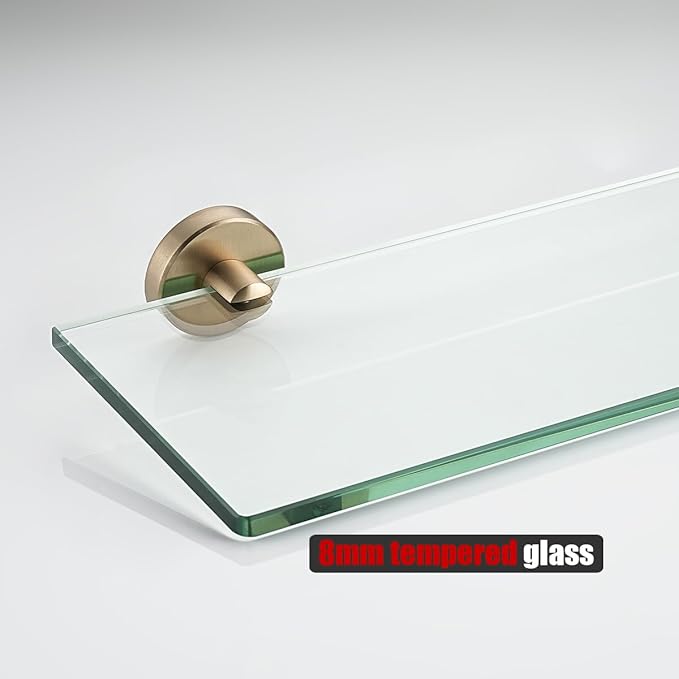 JQK Bathroom Glass Shelf, Tempered Glass Shower Storage 16 by 5 inches, 304 Stainless Steel Champagne Bronze Wall Mount 2 Pack, TGS101L16-CB-P2