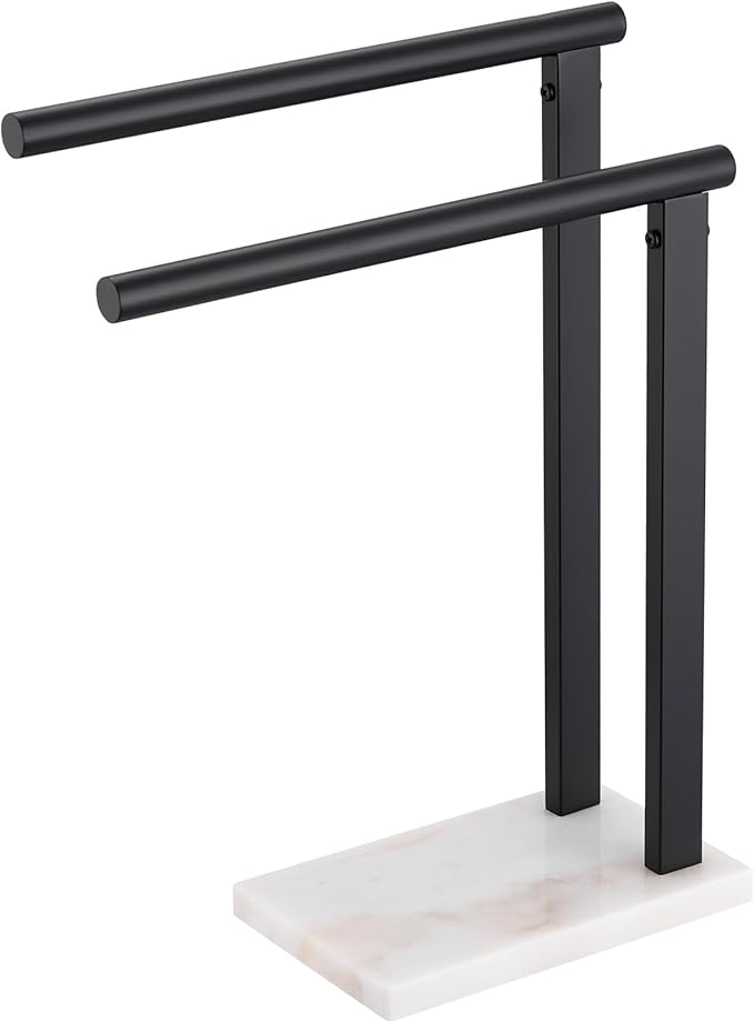 KOKOSIRI Hand Towel Racks Stand Towel Holder 2-Tier with Marble Base for Bathroom Vanity Countertop, Matte Black Stainless Steel 15.7'' Height THS0007-BK