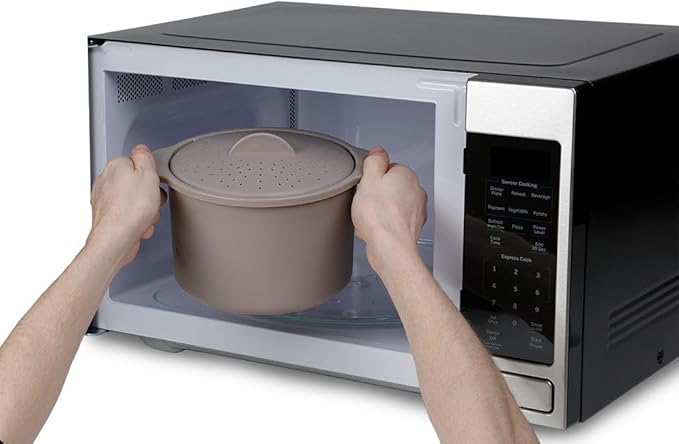 Microwave Rice & Grain Cooker – Easy Cook Container with Locking Lid, Heat-Resistant Handles – Includes Measuring Cup & Mixing Paddle – Cooks Rice, Grains, Veggies & More