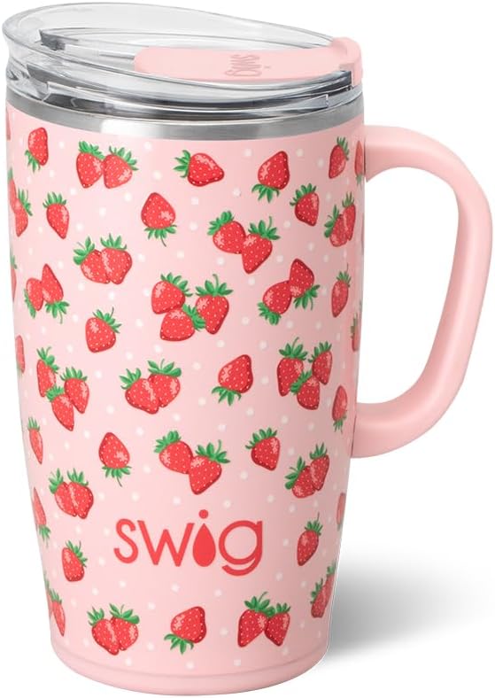 Swig Life 18oz Travel Mug, Insulated Tumbler with Handle and Lid, Travel Coffee Mug, Cup Holder Friendly, Stainless Steel 18 oz Tumbler, Reusable Insulated with Lid (Strawberry Shortcake)